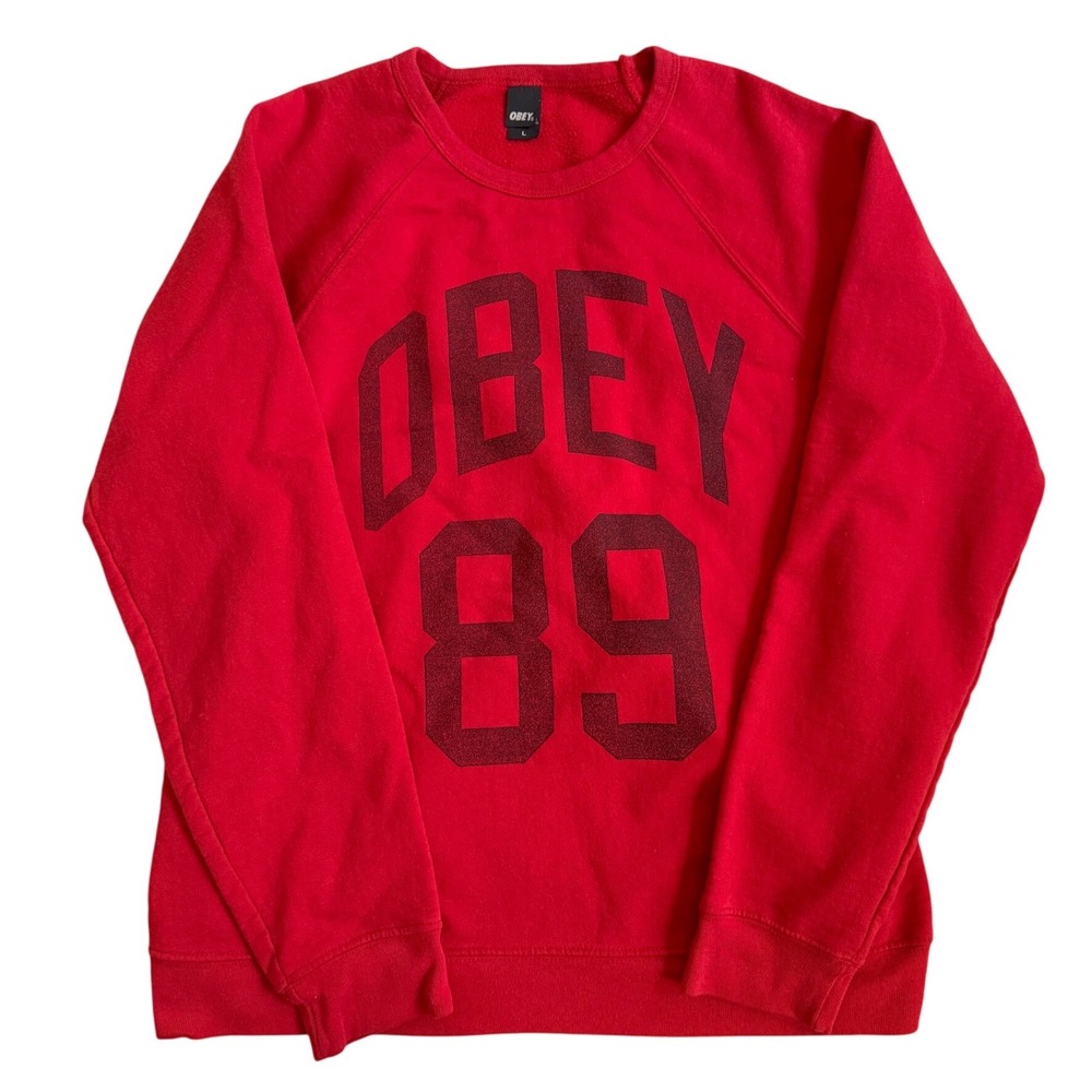 Obey 89 Graphic Crewneck Sweatshirt Mens Large Red Raglan Sleeve Made in USA